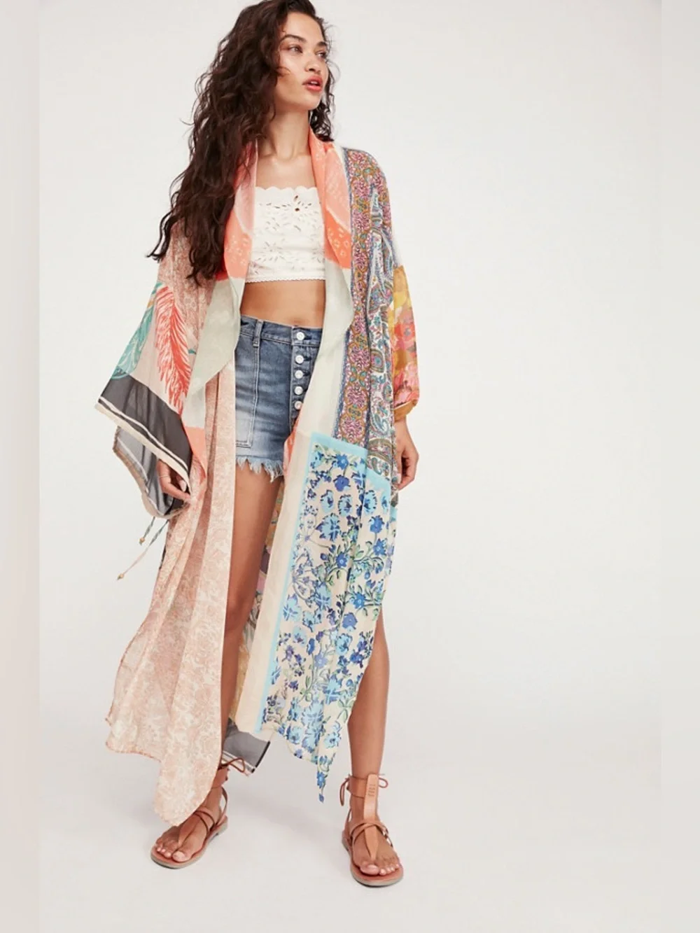 Free People Multicolor Patchwork Kimono Coverup - Coral, Blue & Cream